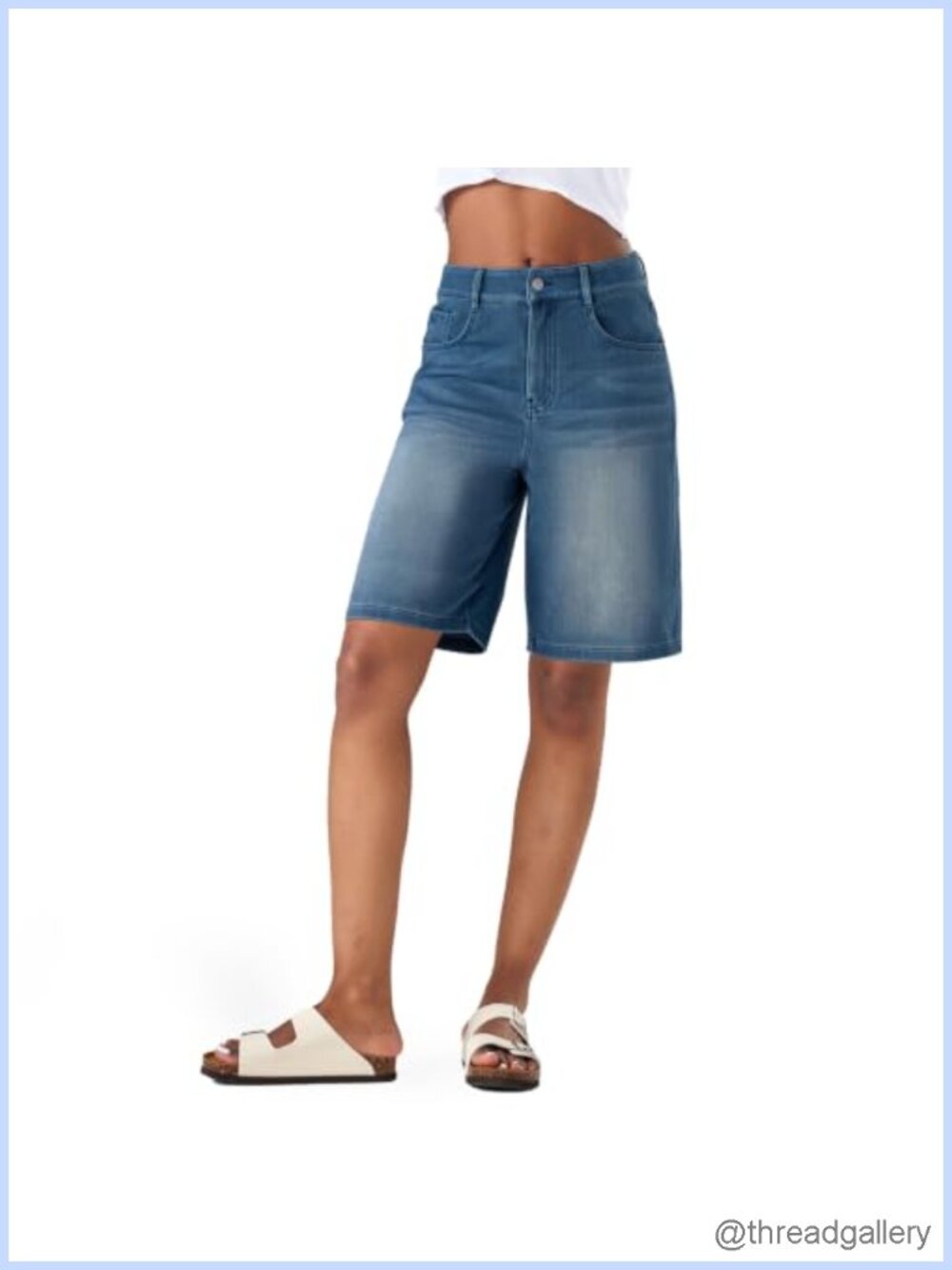 Stretchy Bermuda Denim Shorts High Rise Wide Leg Cotton